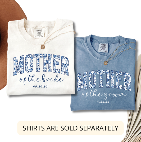 Comfort Colors Mother of the Groom Shirt – Blue Floral Bridal Party Tee, Wedding Gift with Custom Date