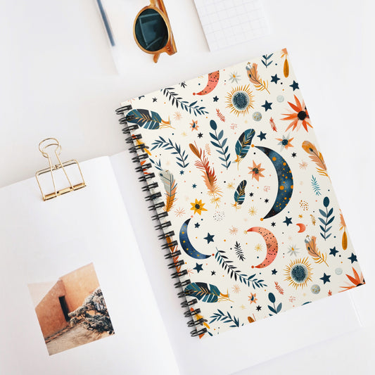 Celestial Spiral Notebook - Ruled Lines, Moon and Floral Design
