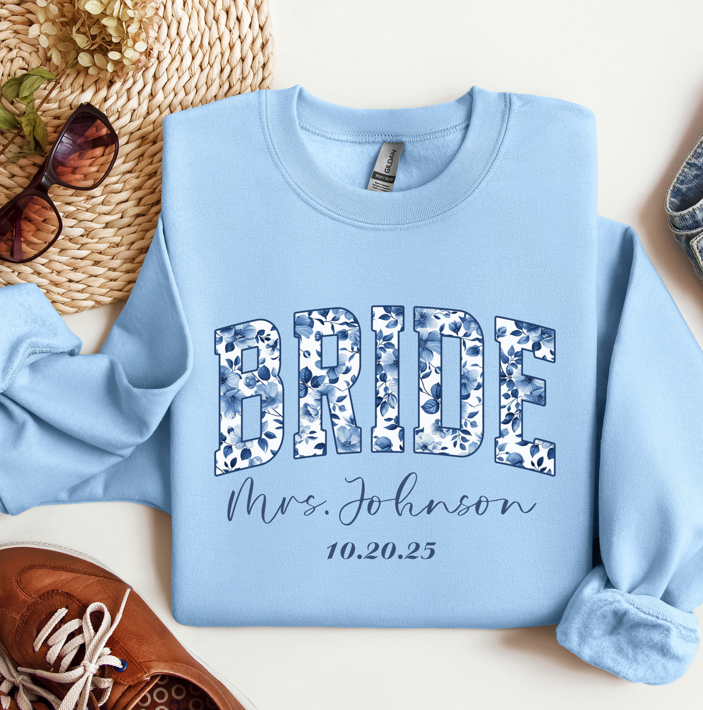 Personalized Bride Sweatshirt – Custom Mrs Name Crewneck, Bridal Shower Gift with Wedding Date