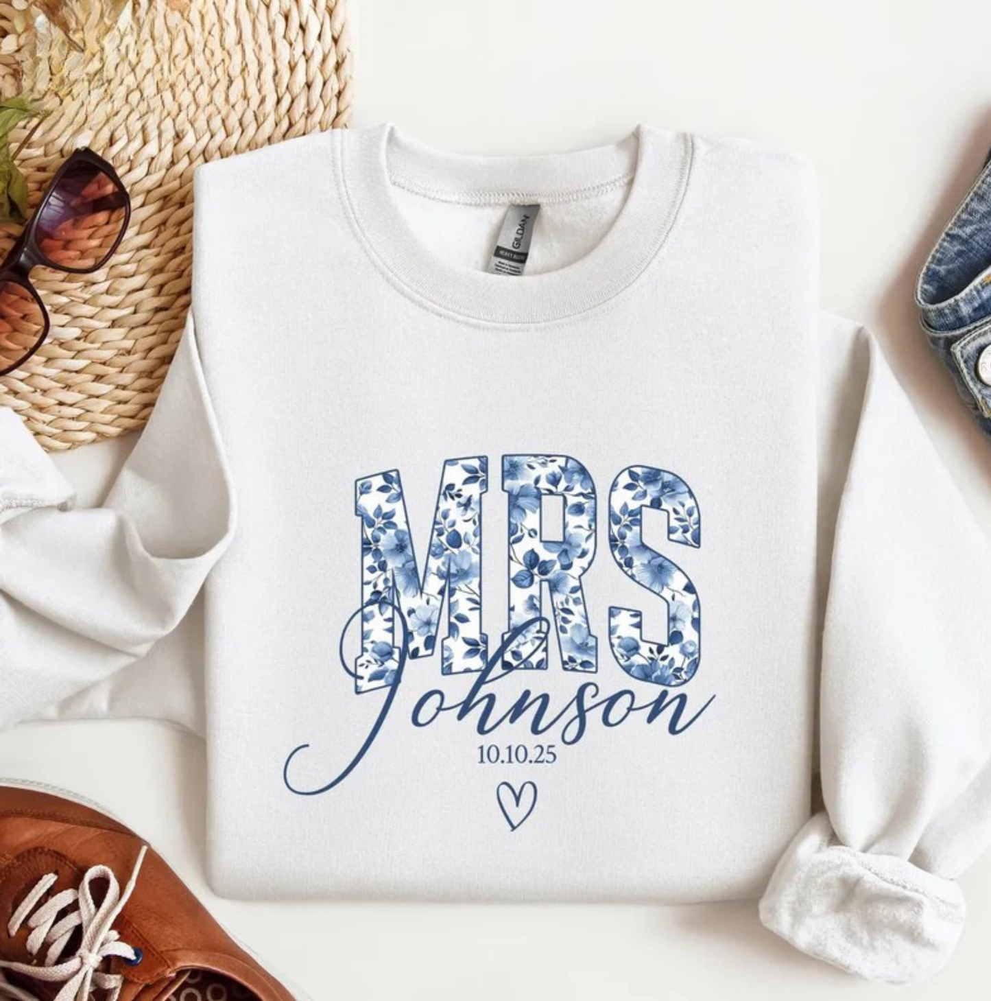 Personalized Mrs Sweatshirt with Date – Custom Last Name Bridal Crewneck, Blue Floral Bride Gift