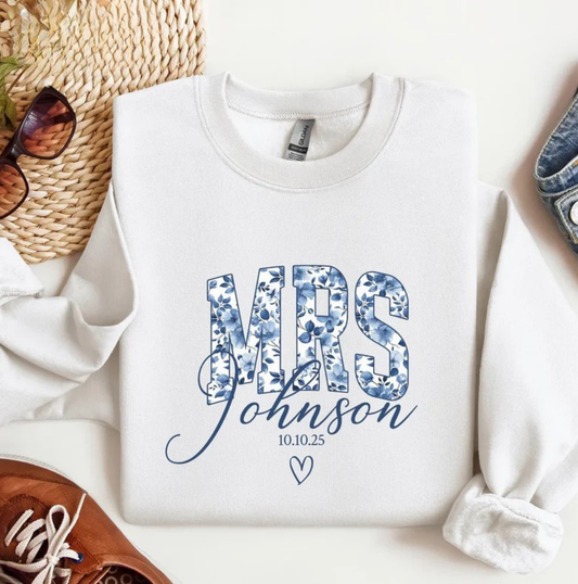 Personalized Mrs Sweatshirt with Date – Custom Last Name Bridal Crewneck, Blue Floral Bride Gift