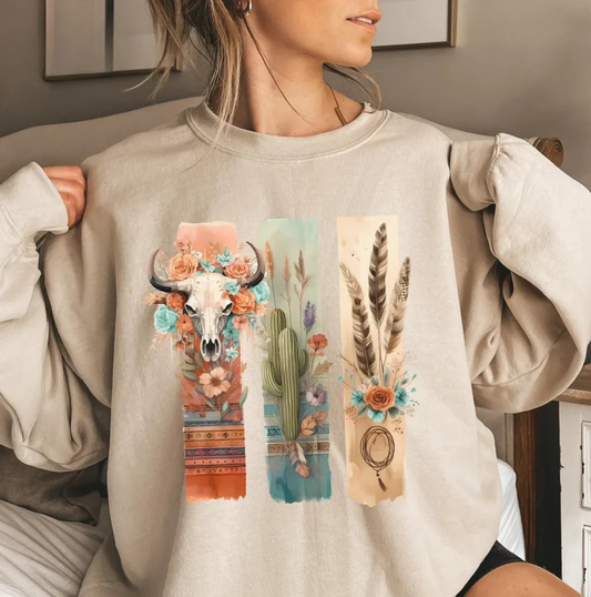 Boho Western Cow Skull Sweatshirt – Desert Cactus Floral Graphic Crewneck for Women