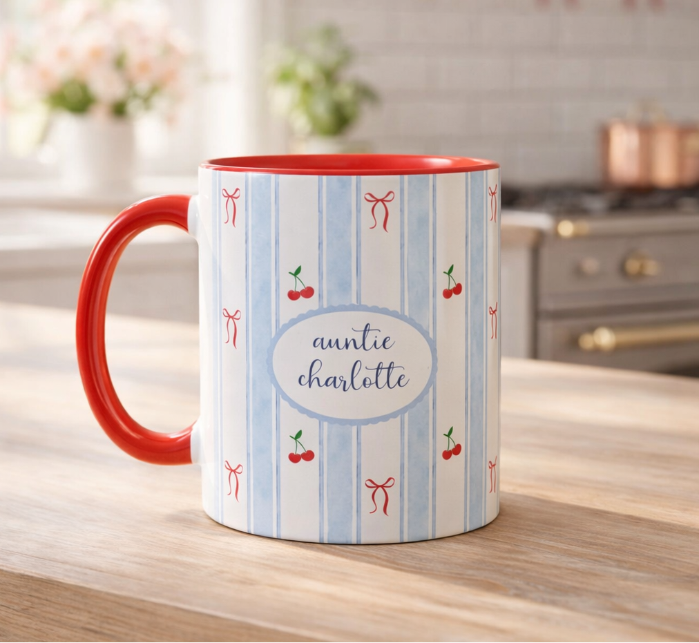 Personalized Auntie Mug with Name – Cherry Bow Coffee Cup, Pregnancy Reveal Gift for New Aunt