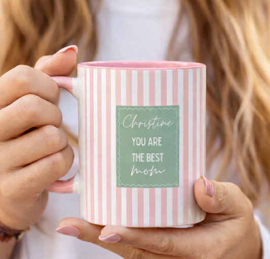 Personalized Mom Mug – Custom Name Coffee Cup, Pink Striped Mother’s Day Gift for Mom