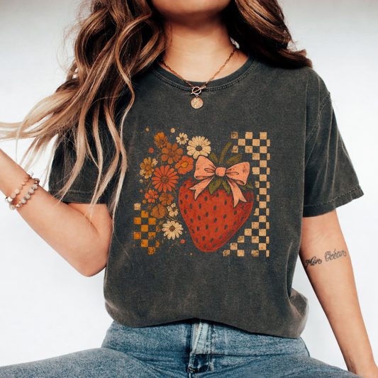 Vintage Strawberry Shirt – Comfort Colors Floral Bow Tee