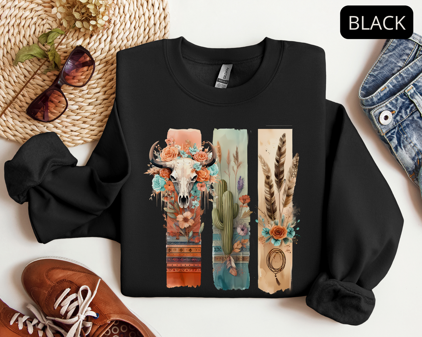 Boho Western Cow Skull Sweatshirt – Desert Cactus Floral Graphic Crewneck for Women