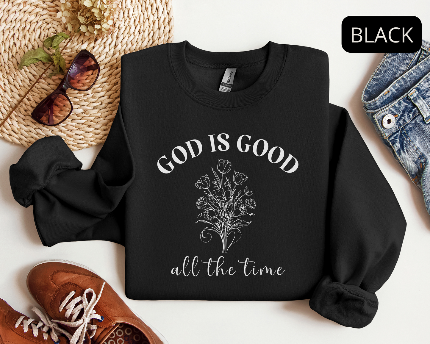 God Is Good Floral Script Sweatshirt – Minimalist Faith Typography Religious Crewneck