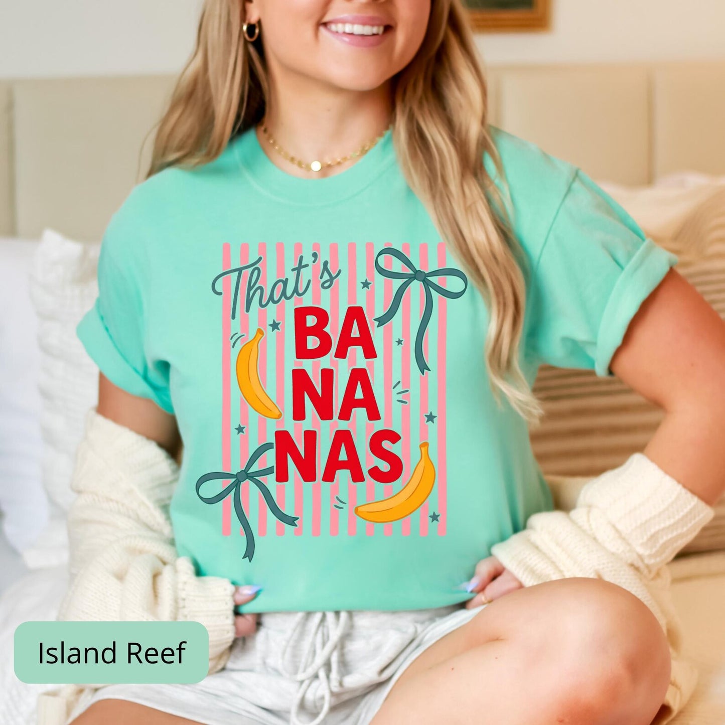 Comfort Colors 'That's Bananas' shirt in [color option] with fun banana print and striped design