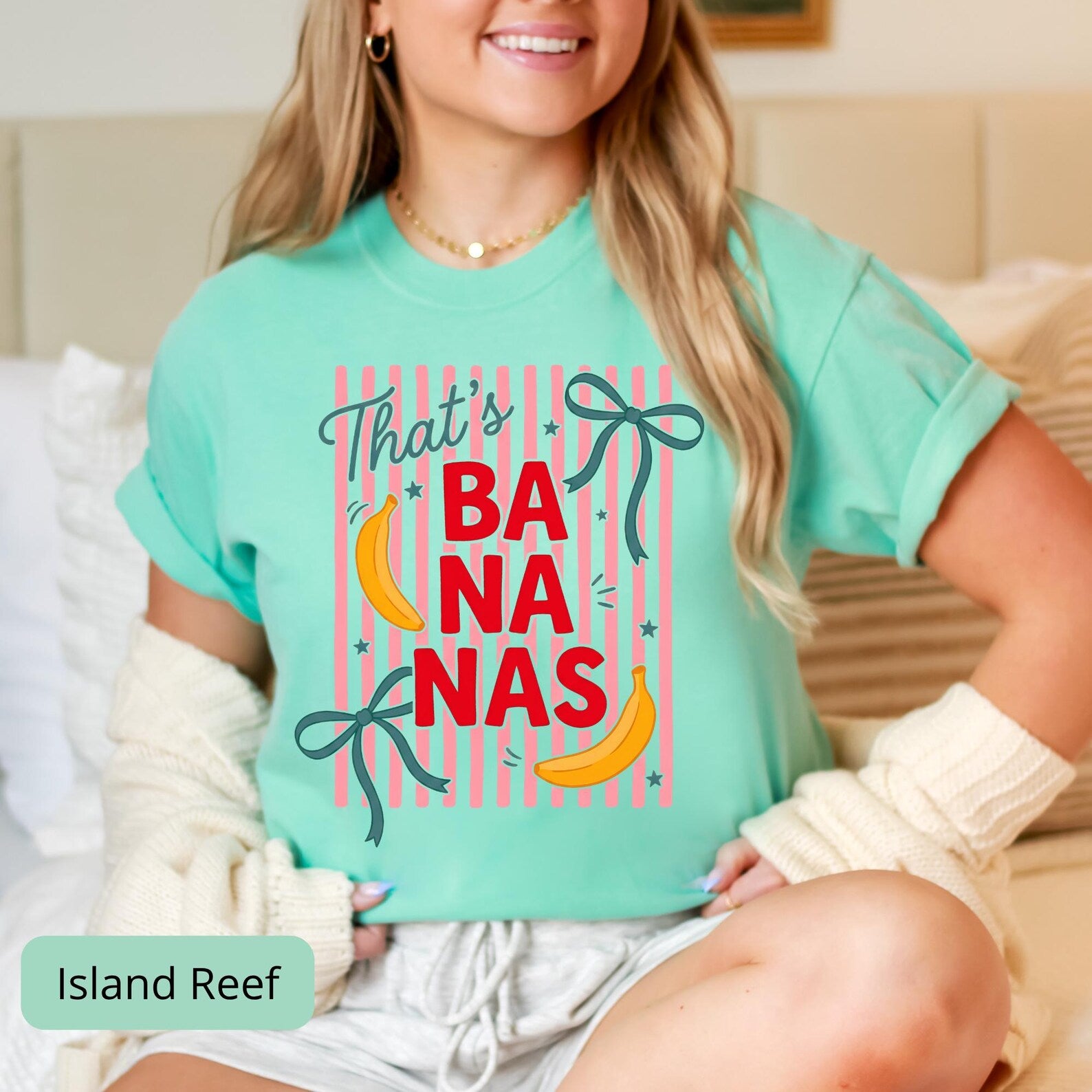 Comfort Colors 'That's Bananas' shirt in [color option] with fun banana print and striped design