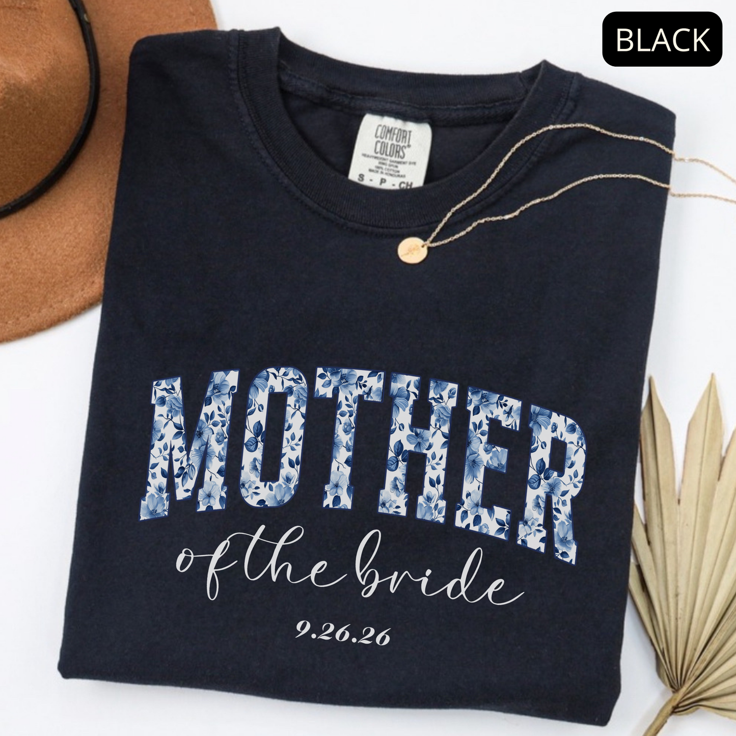 Comfort Colors Mother of the Groom Shirt – Blue Floral Bridal Party Tee, Wedding Gift with Custom Date