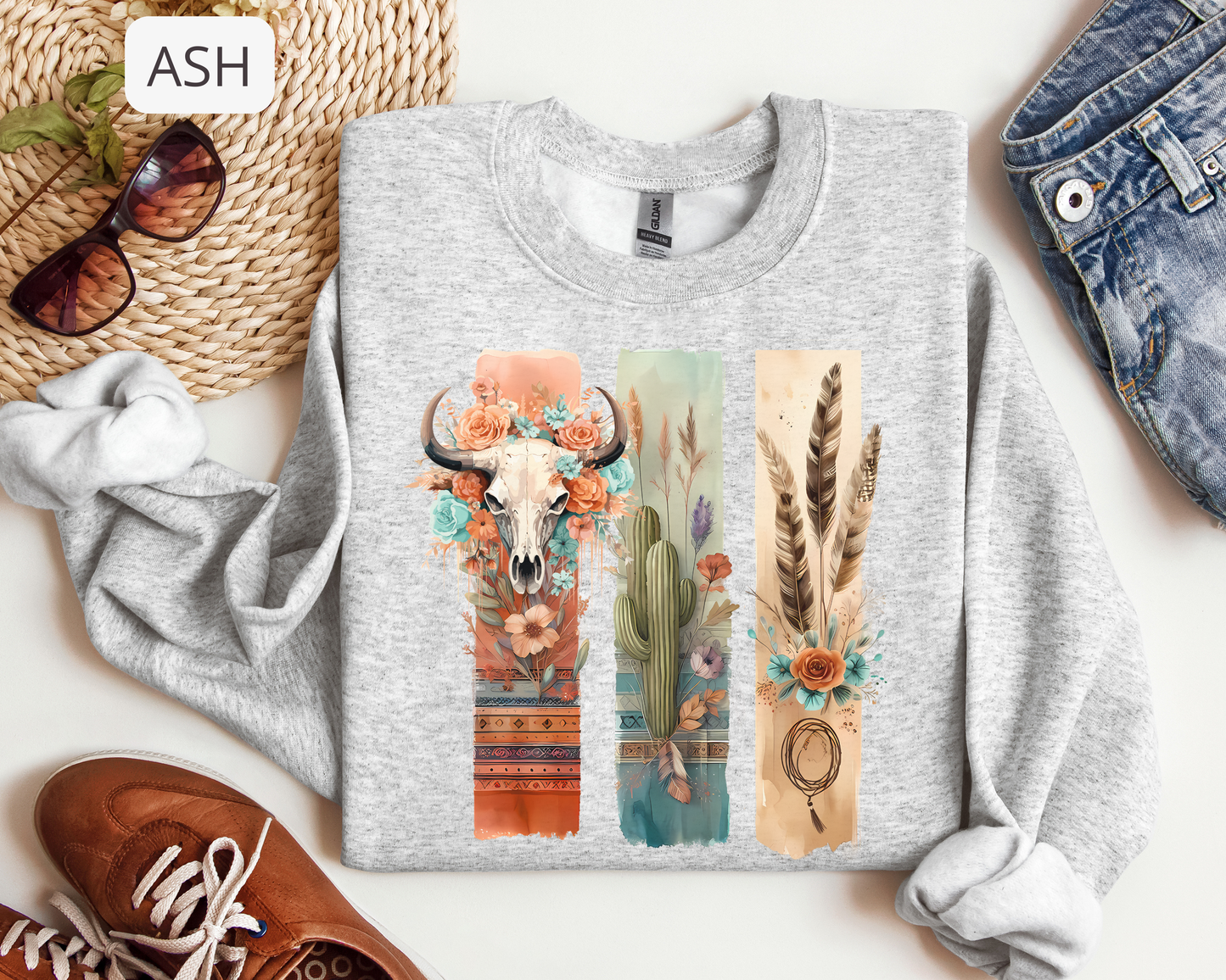 Boho Western Cow Skull Sweatshirt – Desert Cactus Floral Graphic Crewneck for Women