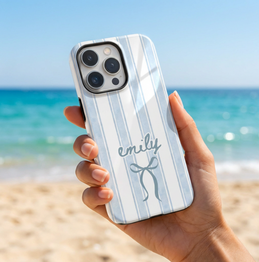 Personalized Name iPhone Case – Blue Stripe Coquette Phone Case with Bow, Preppy Aesthetic Phone Cover