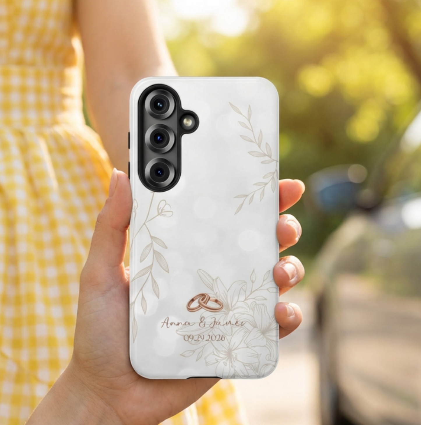 Personalized Wedding iPhone Case – Custom Names & Date Phone Cover, Minimalist Floral Couple Gift