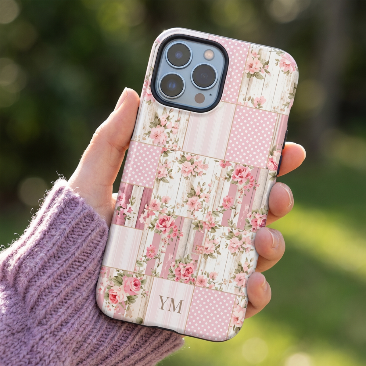 Personalized Floral Patchwork iPhone Case – Vintage Pink Cottagecore Phone Cover with Custom Initial