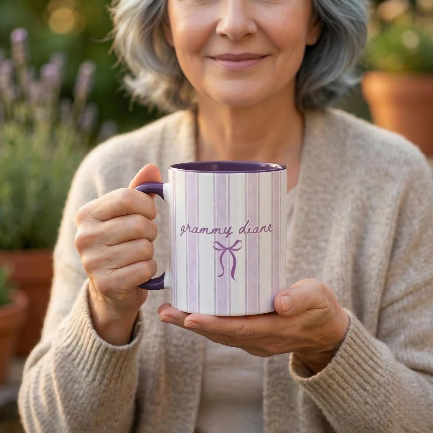 Personalized Grandma Mug – Custom Name Striped Bow Coffee Mug Gift