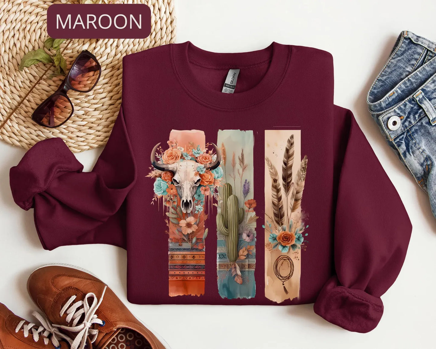 Boho Western Cow Skull Sweatshirt – Desert Cactus Floral Graphic Crewneck for Women