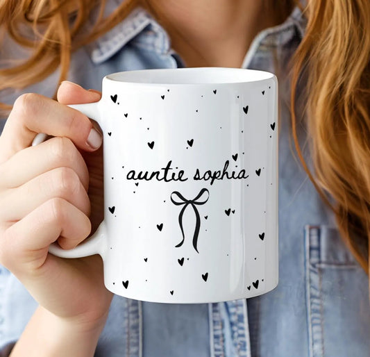 Personalized Auntie Mug Custom Name – Cute Heart Coffee Cup Gift for Aunt, Birthday Gift for Her, Auntie Gift Idea