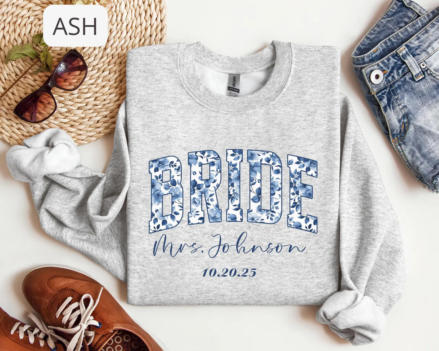 Personalized Bride Sweatshirt – Custom Mrs Name Crewneck, Bridal Shower Gift with Wedding Date
