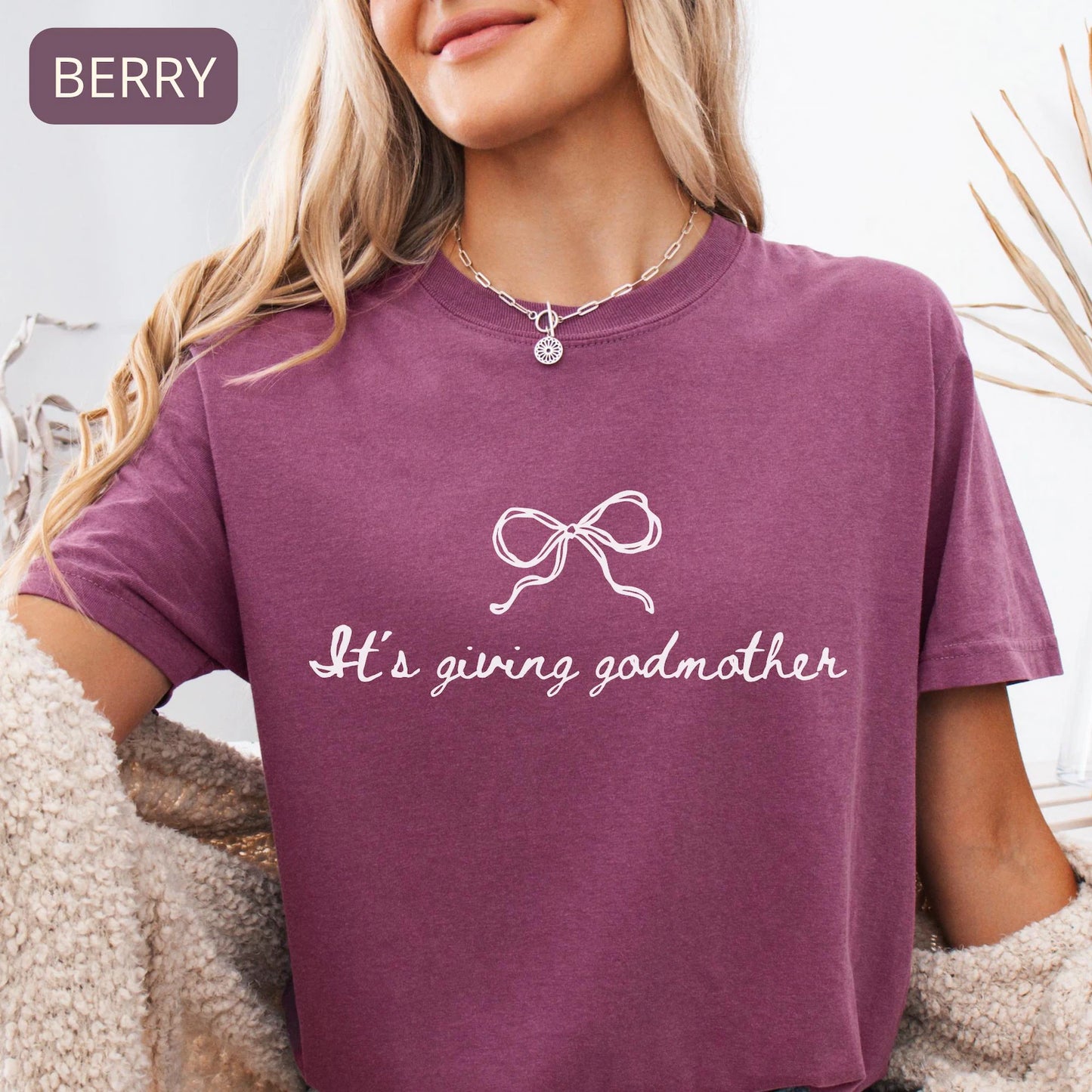 Comfort Colors Godmother Shirt – It’s Giving Godmother Tee, Baptism Gift, Coquette Bow Shirt