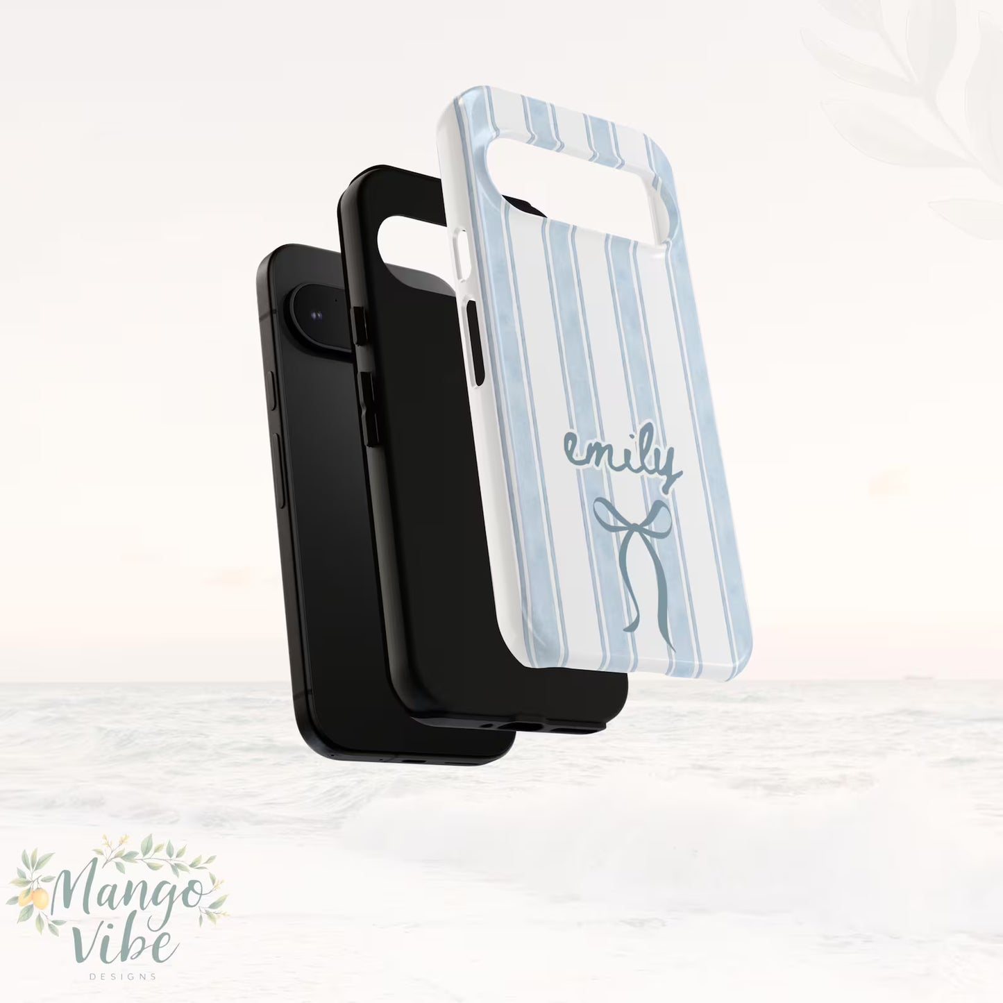 Personalized Name iPhone Case – Blue Stripe Coquette Phone Case with Bow, Preppy Aesthetic Phone Cover