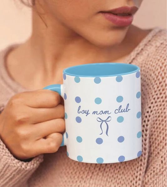 Boy Mom Club blue polka dot coffee mug held by woman aesthetic mom mug