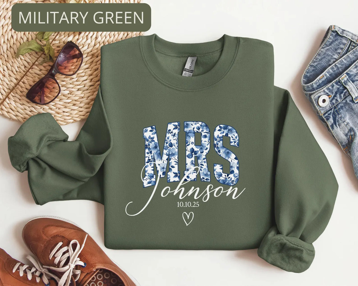 Personalized Mrs Sweatshirt with Date – Custom Last Name Bridal Crewneck, Blue Floral Bride Gift
