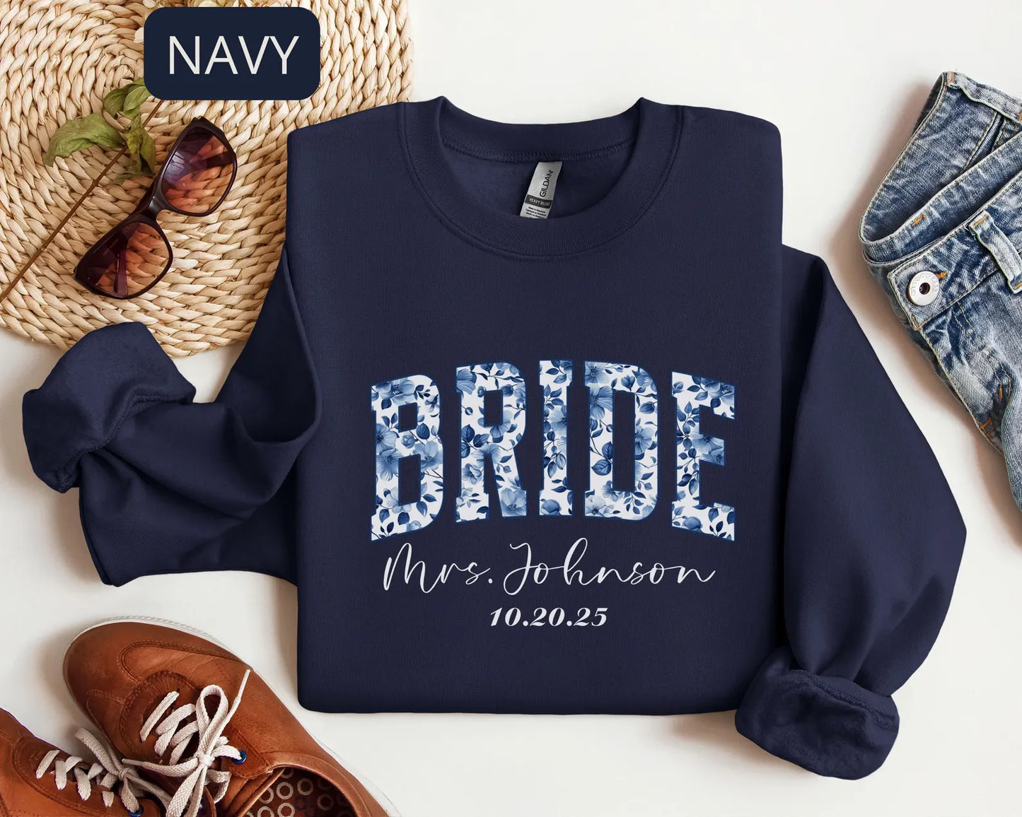 Personalized Bride Sweatshirt – Custom Mrs Name Crewneck, Bridal Shower Gift with Wedding Date