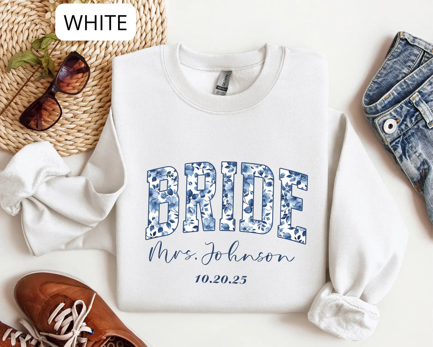 Personalized Bride Sweatshirt – Custom Mrs Name Crewneck, Bridal Shower Gift with Wedding Date