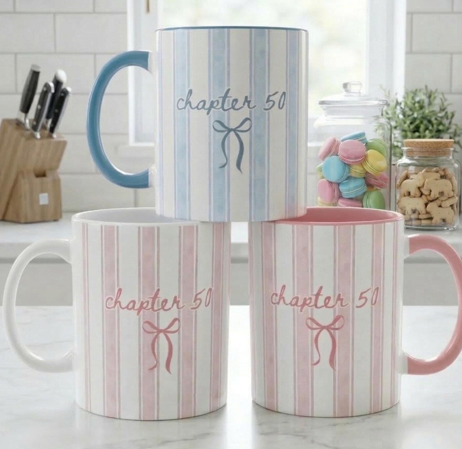 chapter 50 mug pastel striped pink blue 50th birthday gift cute bow coffee cup