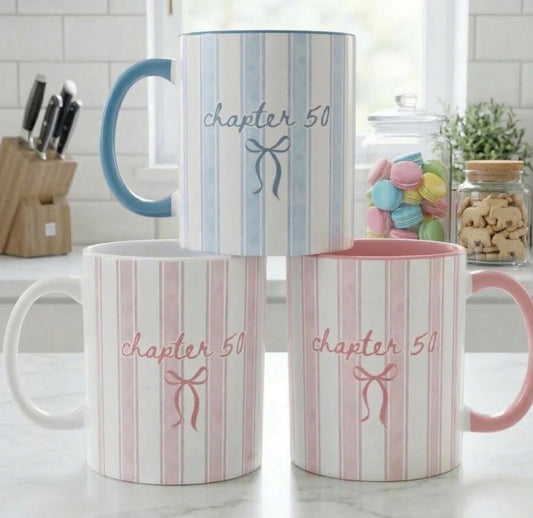 chapter 50 mug pastel striped pink blue 50th birthday gift cute bow coffee cup