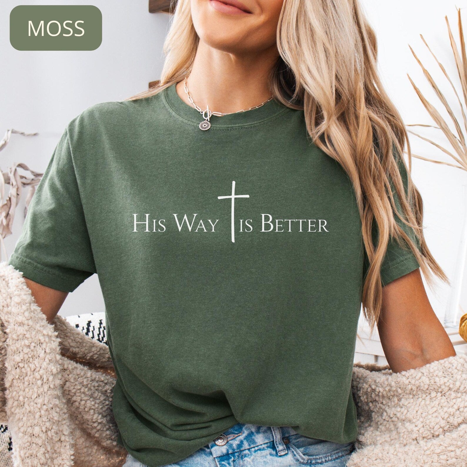 Close up of His Way Is Better Christian shirt in soft ivory color