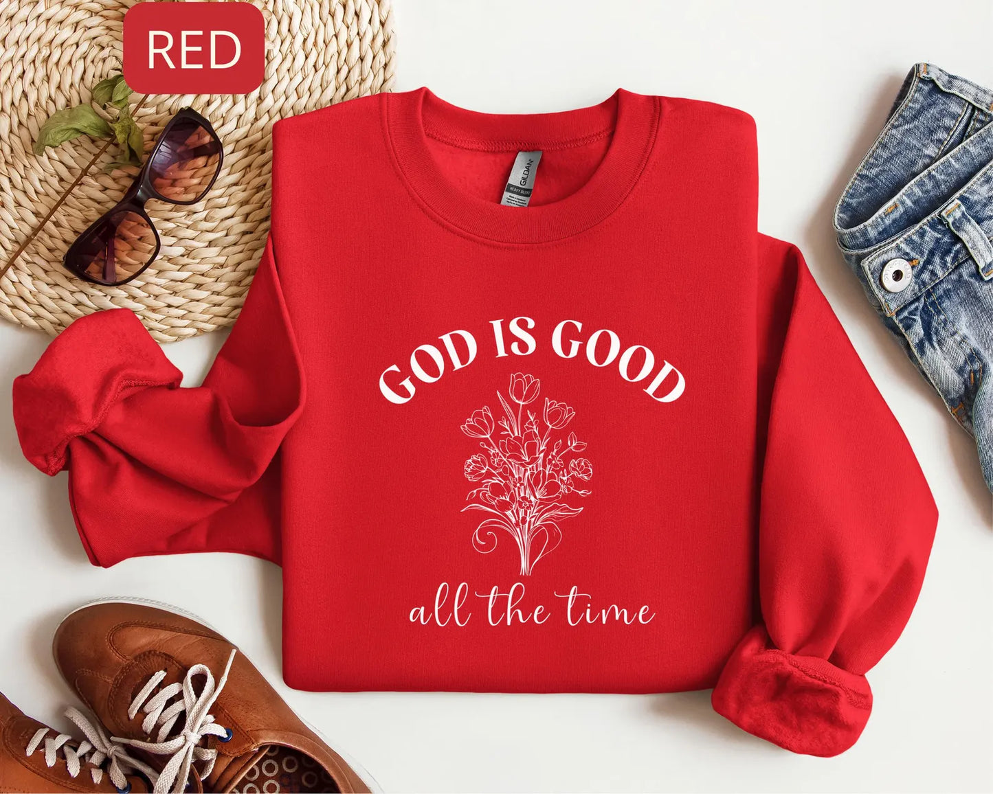 God Is Good Floral Script Sweatshirt – Minimalist Faith Typography Religious Crewneck