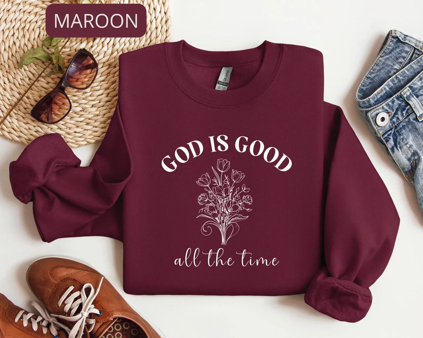 God Is Good Floral Script Sweatshirt – Minimalist Faith Typography Religious Crewneck