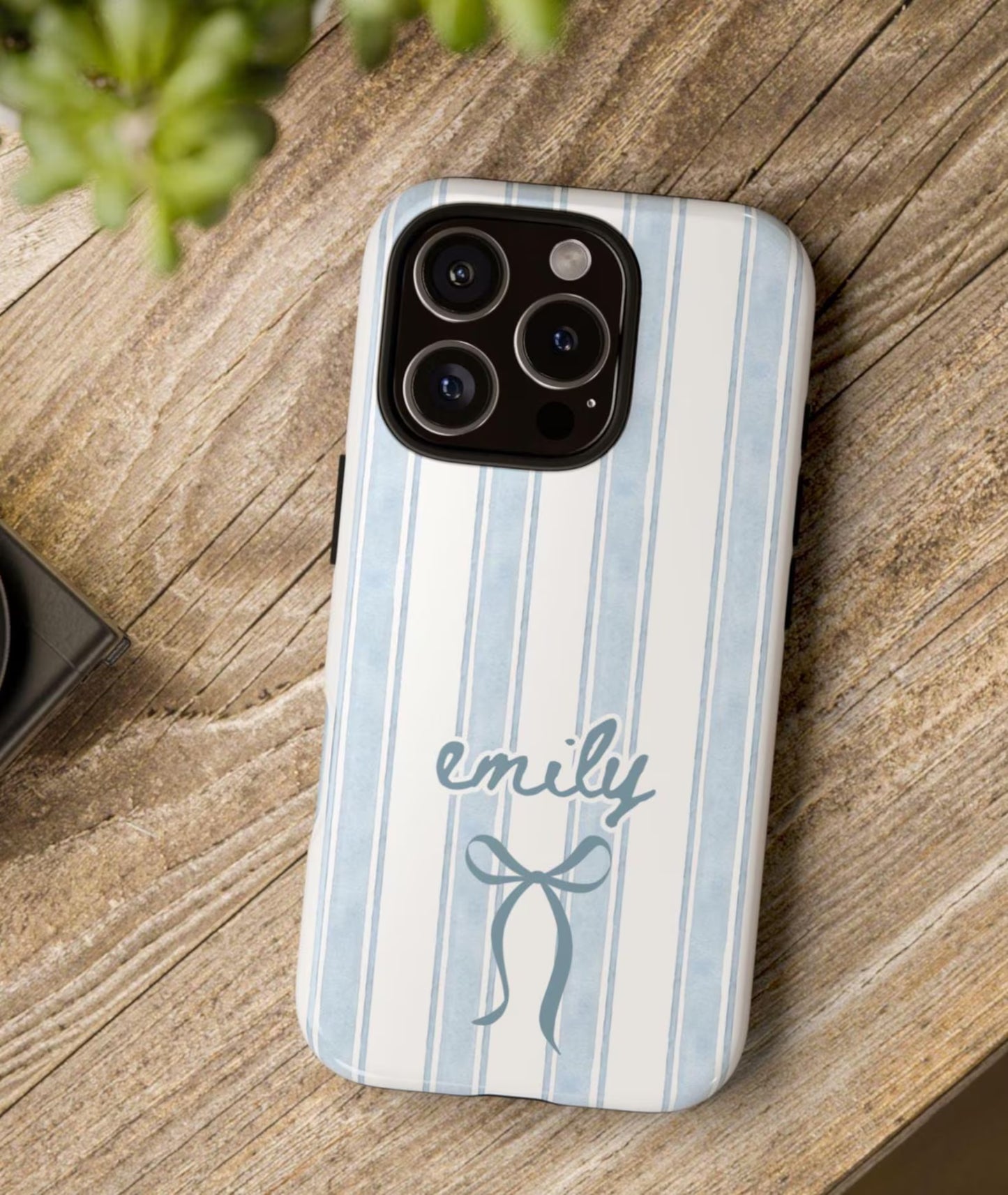 Personalized Name iPhone Case – Blue Stripe Coquette Phone Case with Bow, Preppy Aesthetic Phone Cover