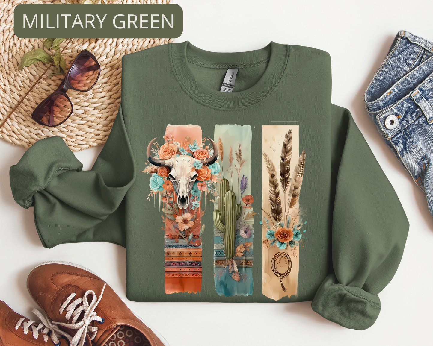 Boho Western Cow Skull Sweatshirt – Desert Cactus Floral Graphic Crewneck for Women