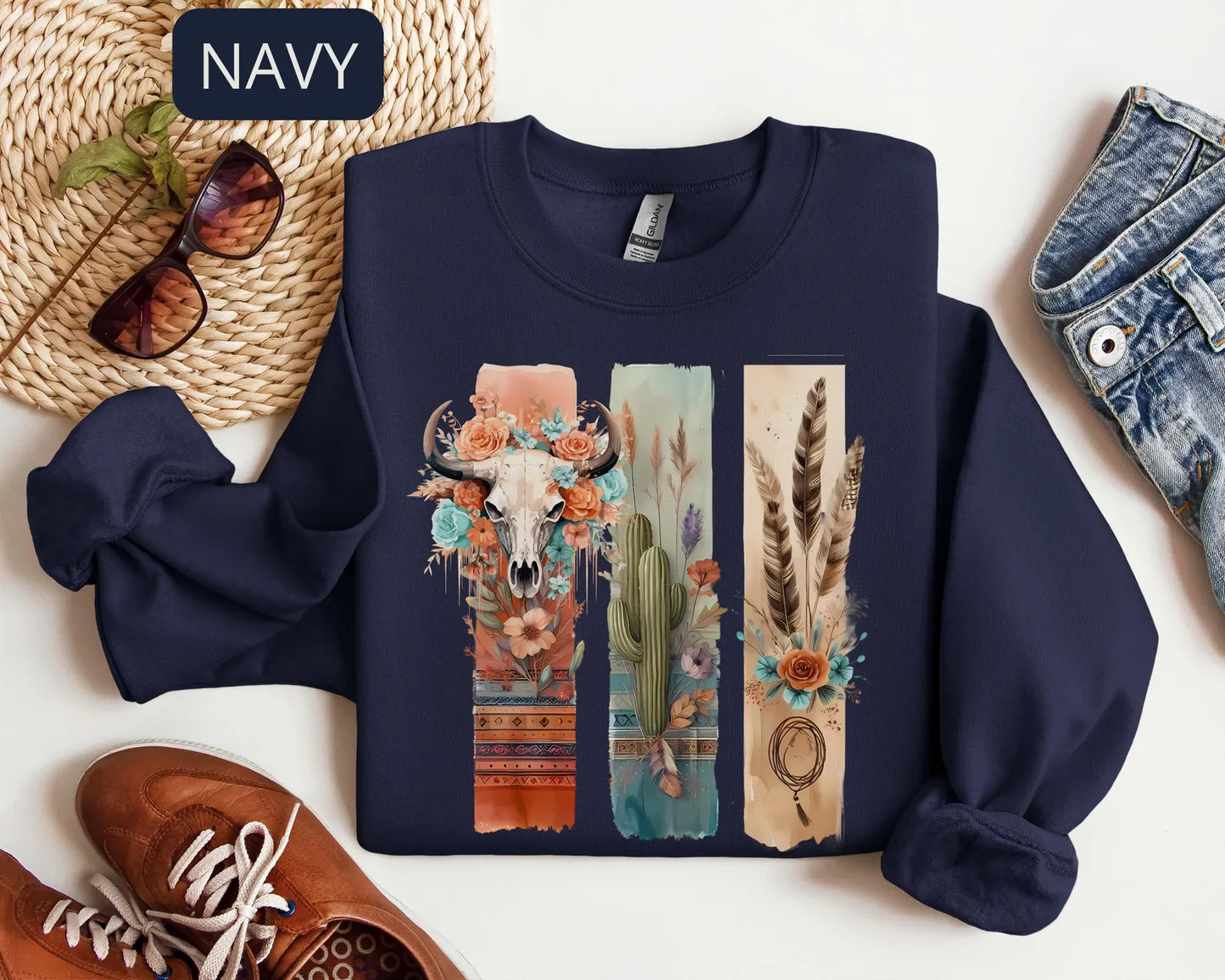Boho Western Cow Skull Sweatshirt – Desert Cactus Floral Graphic Crewneck for Women