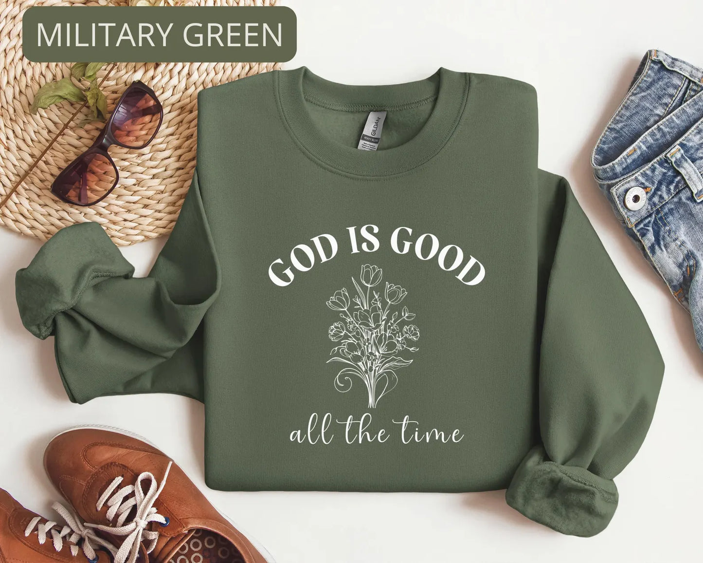 God Is Good Floral Script Sweatshirt – Minimalist Faith Typography Religious Crewneck