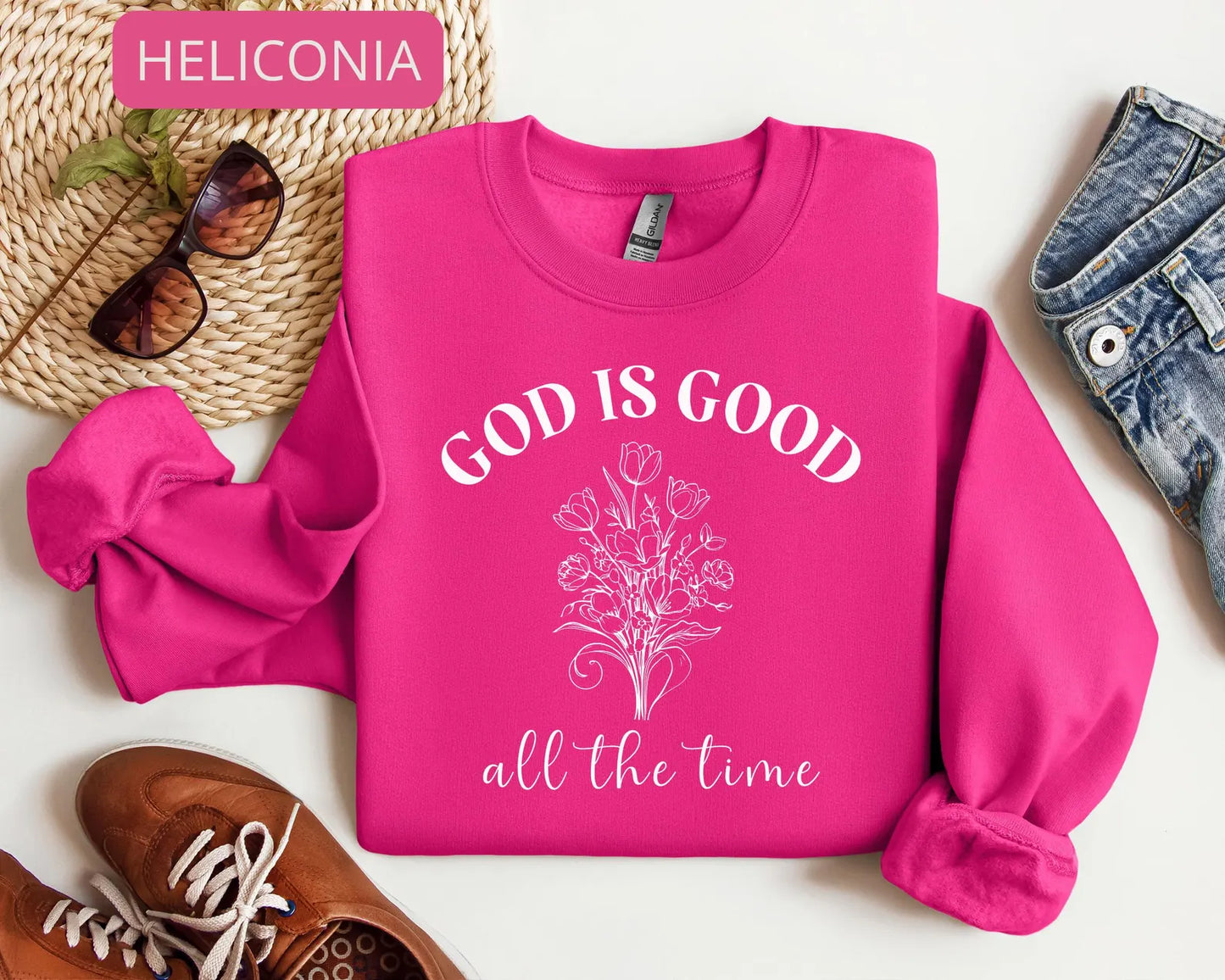 God Is Good Floral Script Sweatshirt – Minimalist Faith Typography Religious Crewneck