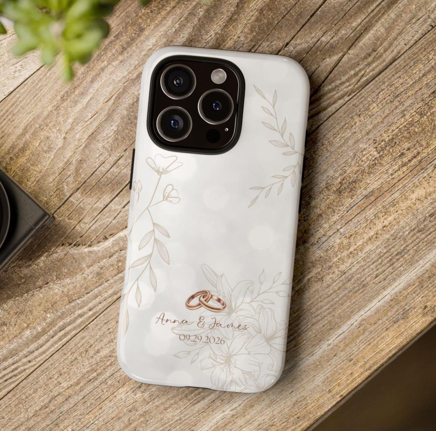 Personalized Wedding iPhone Case – Custom Names & Date Phone Cover, Minimalist Floral Couple Gift