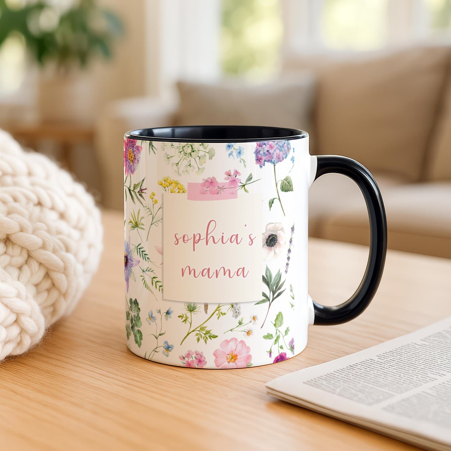 Personalized Mama Mug with Child Name – Floral Pink Coffee Mug, Custom Mother’s Day Gift for Mom