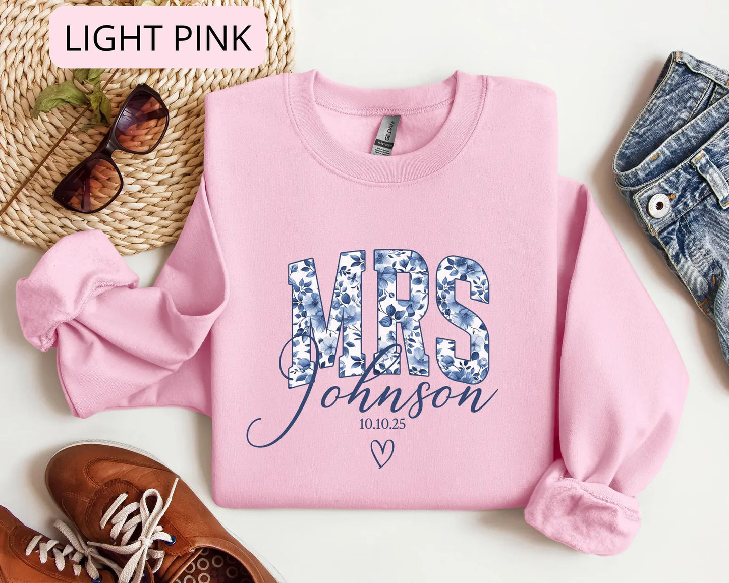 Personalized Mrs Sweatshirt with Date – Custom Last Name Bridal Crewneck, Blue Floral Bride Gift