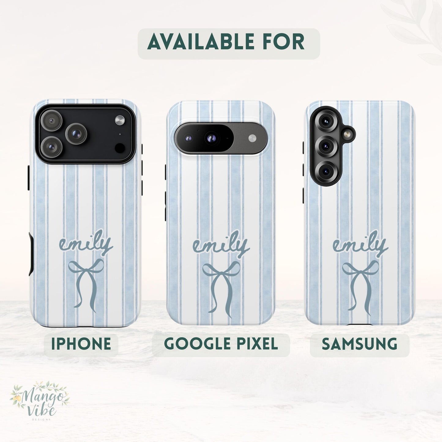 Personalized Name iPhone Case – Blue Stripe Coquette Phone Case with Bow, Preppy Aesthetic Phone Cover