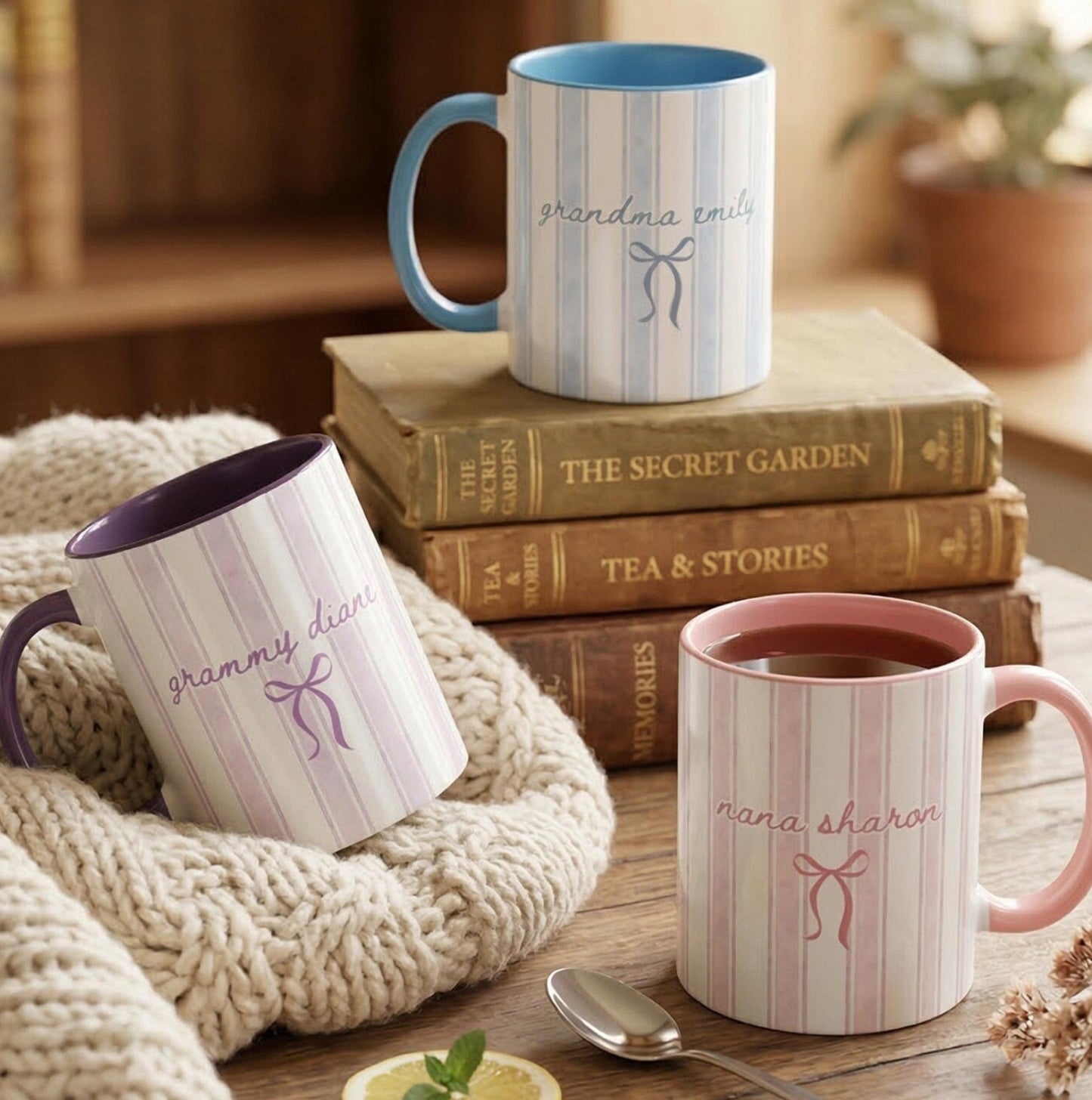 Personalized Grandma Mug – Custom Name Striped Bow Coffee Mug Gift