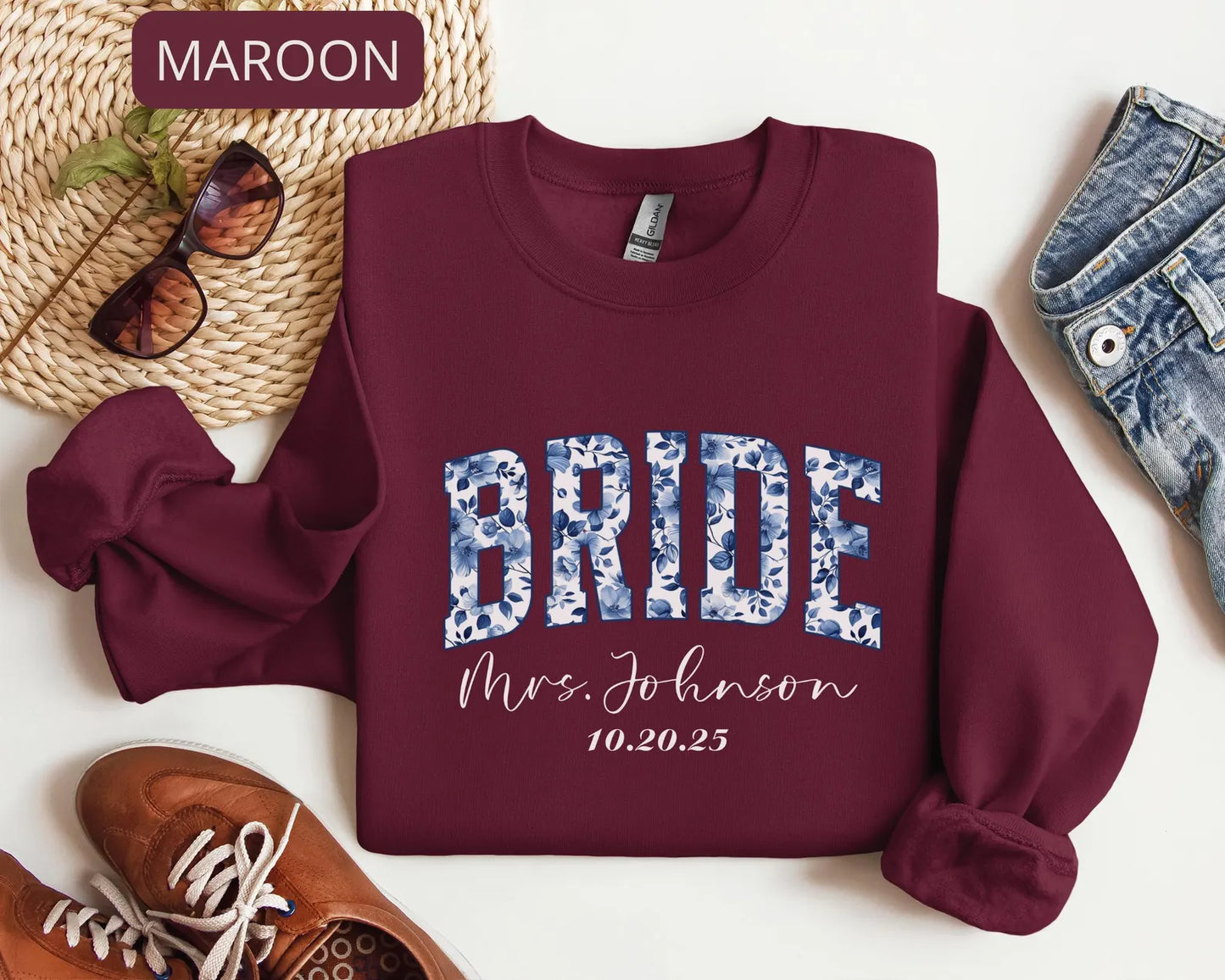 Personalized Bride Sweatshirt – Custom Mrs Name Crewneck, Bridal Shower Gift with Wedding Date