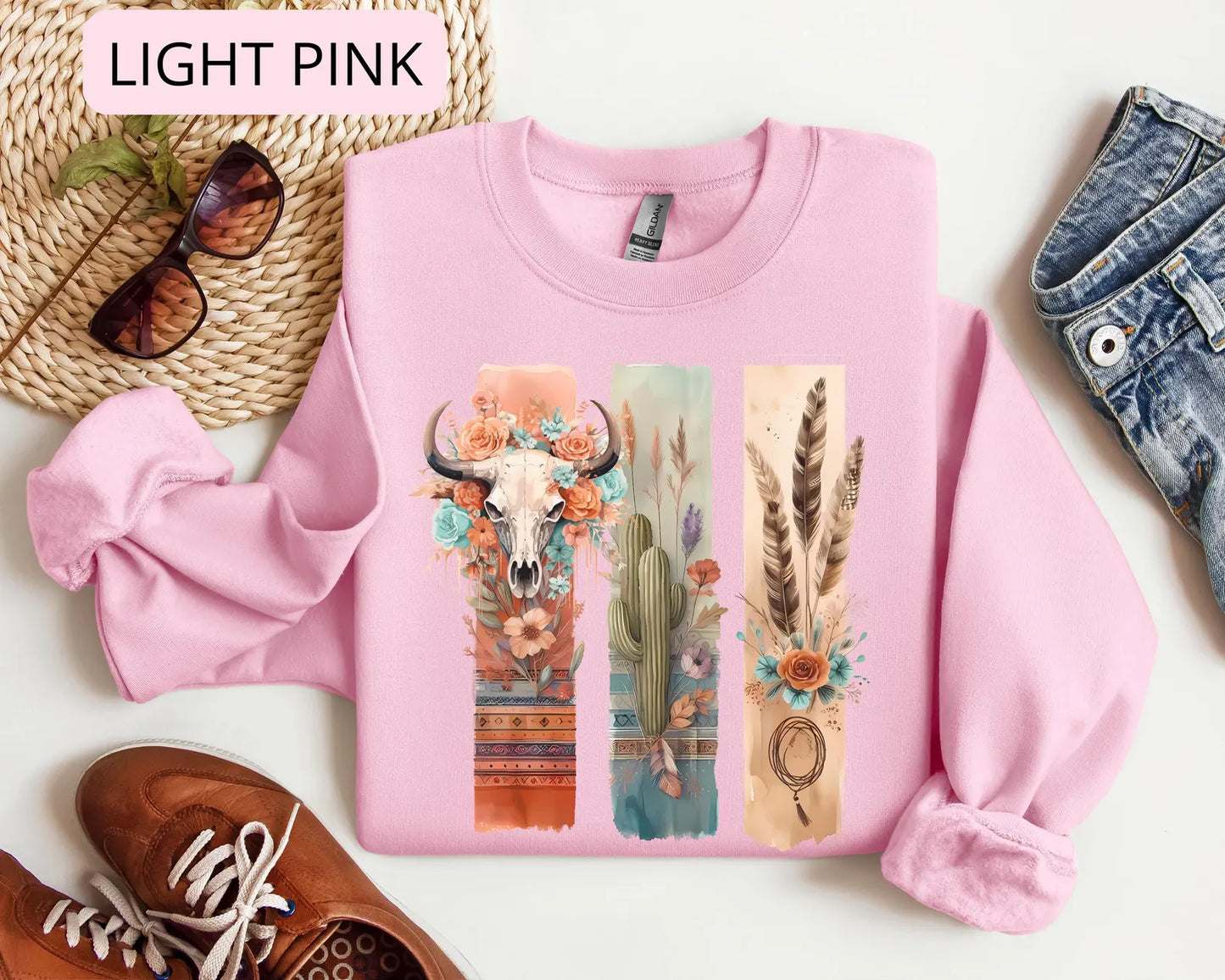 Boho Western Cow Skull Sweatshirt – Desert Cactus Floral Graphic Crewneck for Women