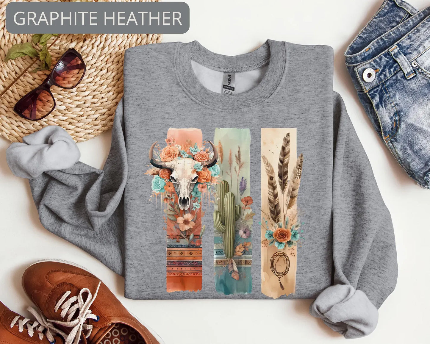 Boho Western Cow Skull Sweatshirt – Desert Cactus Floral Graphic Crewneck for Women