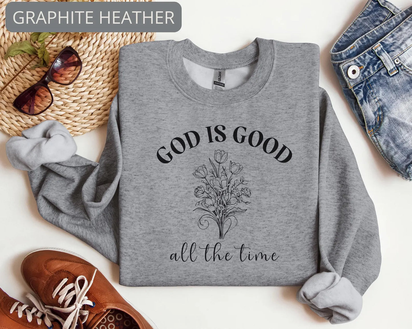 God Is Good Floral Script Sweatshirt – Minimalist Faith Typography Religious Crewneck
