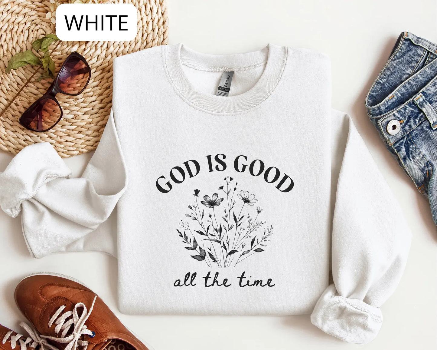 God Is Good Floral Script Sweatshirt – Minimalist Faith Typography Religious Crewneck
