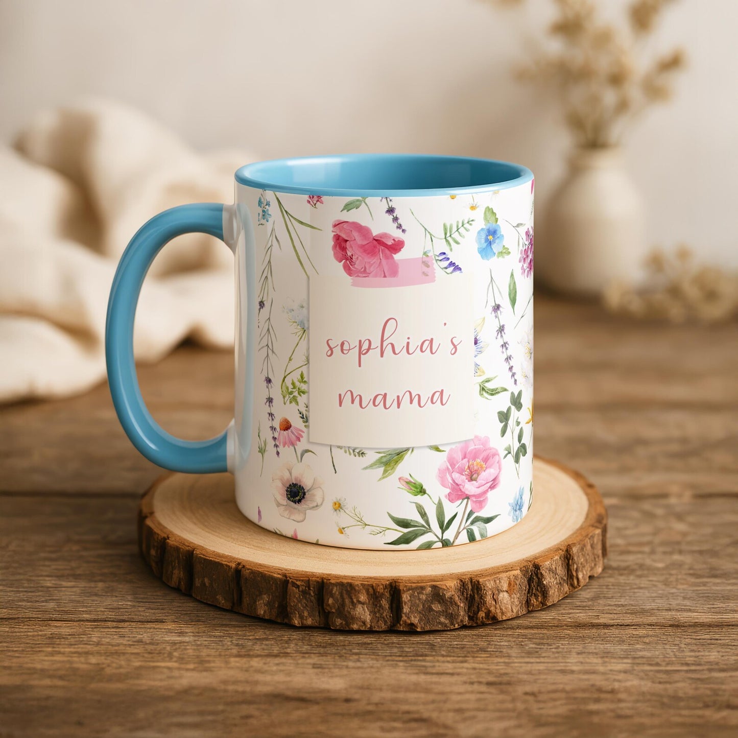 Personalized Mama Mug with Child Name – Floral Pink Coffee Mug, Custom Mother’s Day Gift for Mom