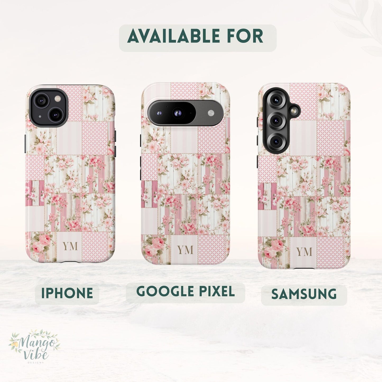 Personalized Floral Patchwork iPhone Case – Vintage Pink Cottagecore Phone Cover with Custom Initial